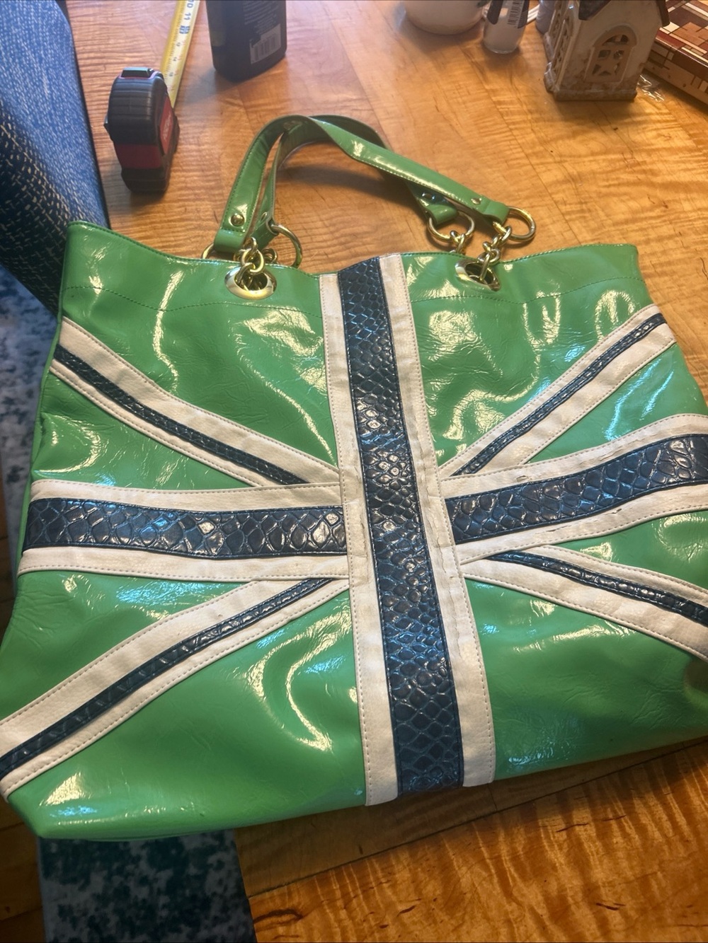 Twiggy of London Green Patent Tote Bag with Navy & White Accent
